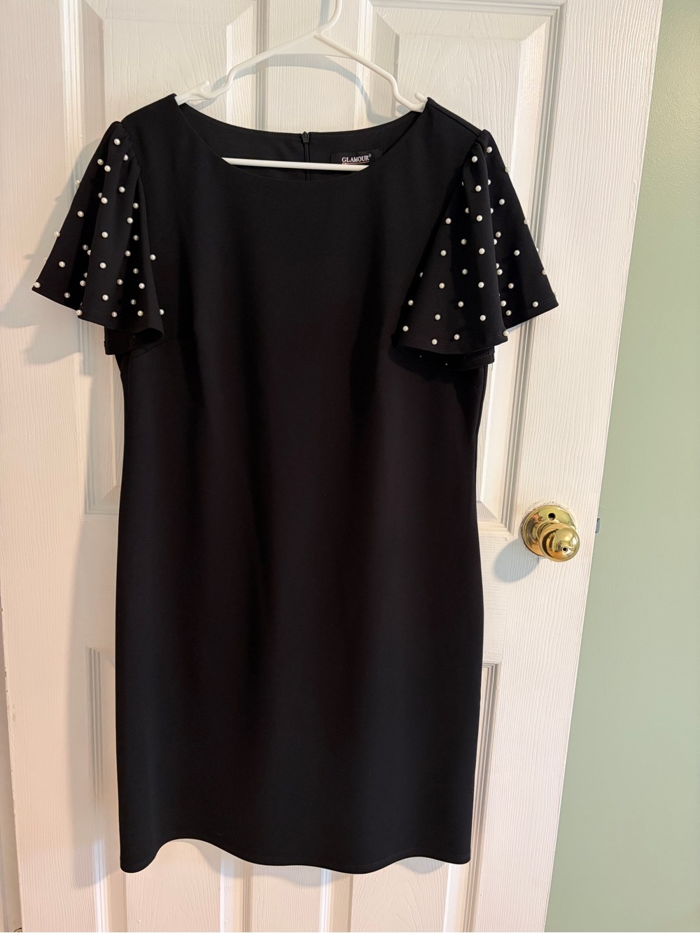 Glamour Sheath/Shift Black Dress with Pearl-Studded Flutter Sleeves